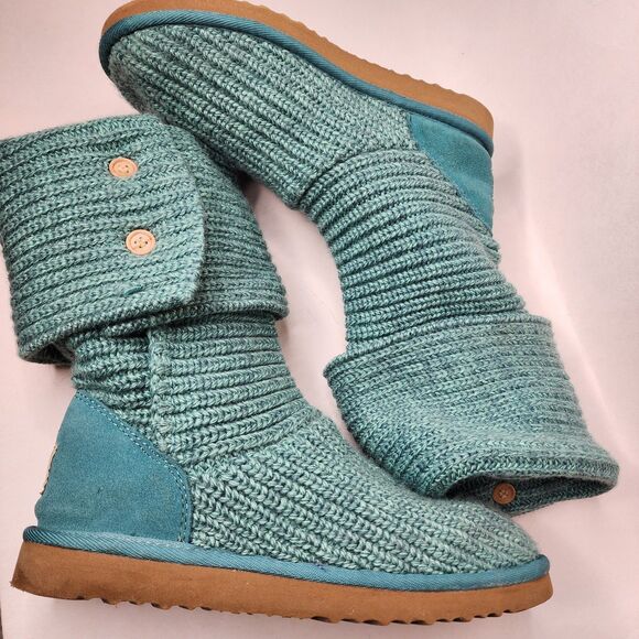 Ugg Classic Cardy Knit Boots Turquoise Green Sheepskin Wool Womens 9 - Picture 3 of 8
